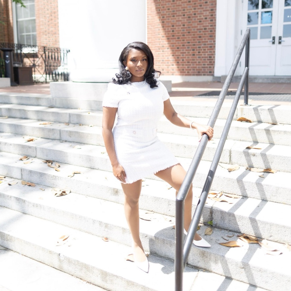 Bebop White Tweed Dress with Gold Emblems